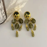 Baroque Palace Dinner Vintage Style Long Earrings Green Olive Tassel Shoulder