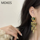 Baroque Palace Dinner Vintage Style Long Earrings Green Olive Tassel Shoulder