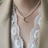 Baroque Pearl 18K Moon Pendant Necklace For Women Crescent Charm Choker Chain