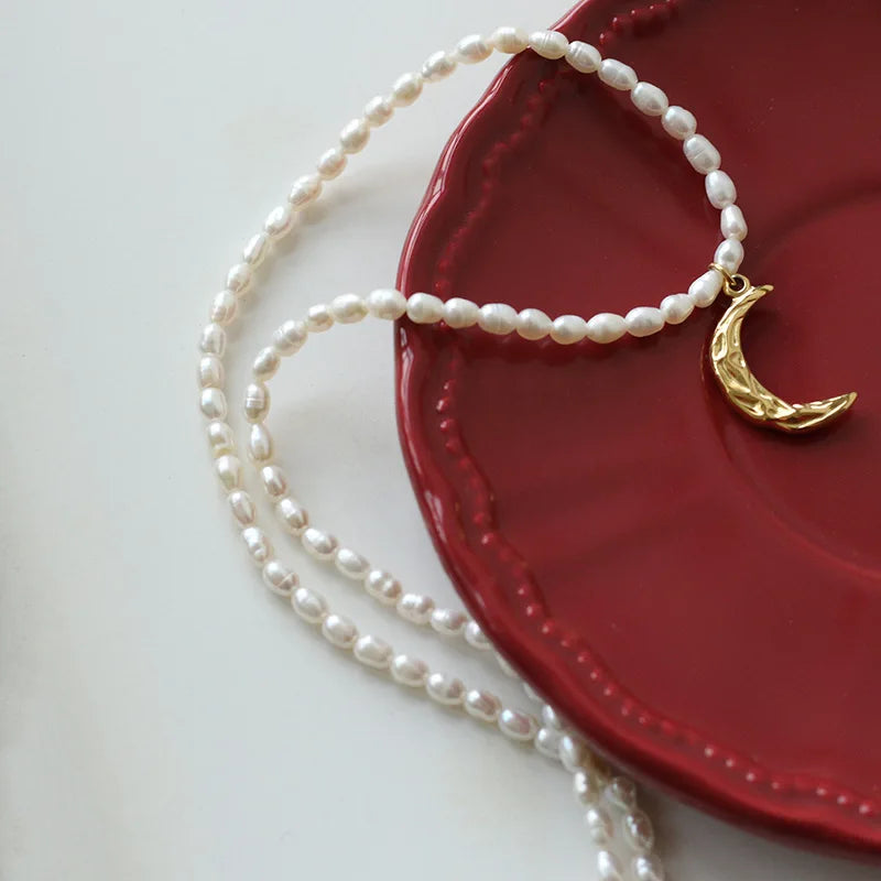 Baroque Pearl 18K Moon Pendant Necklace For Women Crescent Charm Choker Chain