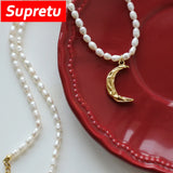 Baroque Pearl 18K Moon Pendant Necklace For Women Crescent Charm Choker Chain