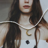 Baroque Pearl 18K Moon Pendant Necklace For Women Crescent Charm Choker Chain