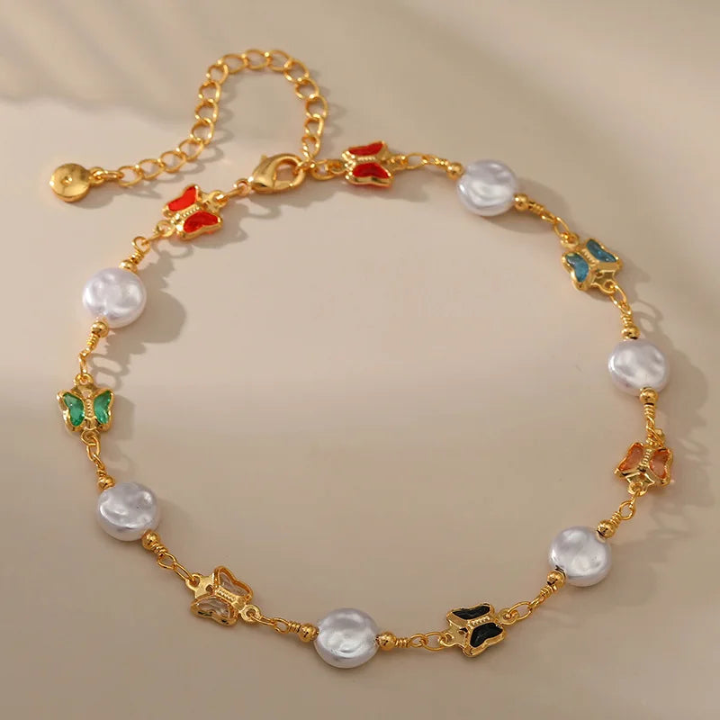 Baroque Pearl Anklets with Butterflies Women Summer Natural Pearl