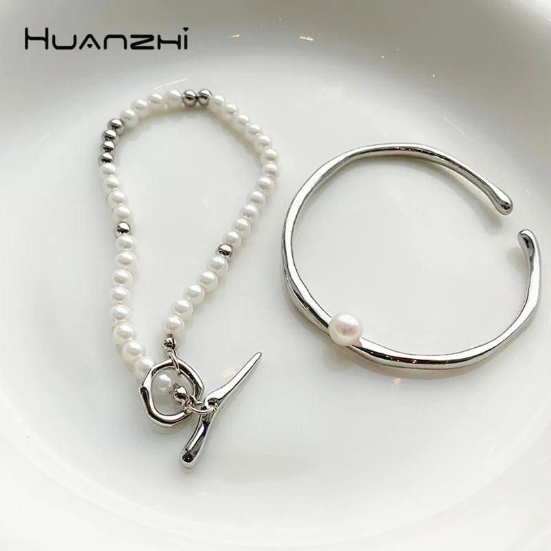 Baroque Pearl Beaded Bracelet OT Buckle Geometric Two-piece Open Bracelet