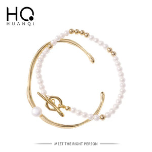 Baroque Pearl Beaded Bracelet OT Buckle Geometric Two-piece Open Bracelet