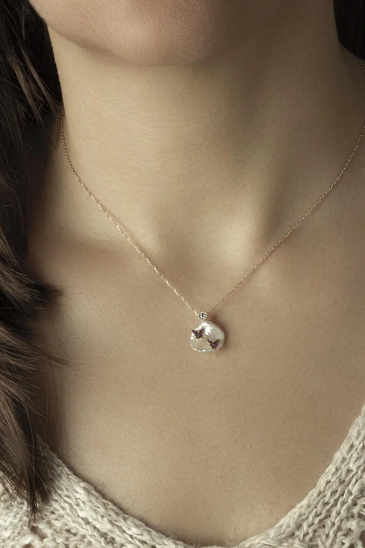 Baroque Pearl Butterfly Pendant Necklace 925 Sterling Silver Chain