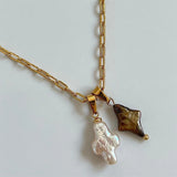 Baroque Pearl Cross Pendant Necklace Cuban Link Chain Vintage Jewelry