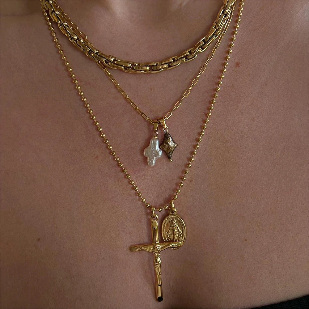 Baroque Pearl Cross Pendant Necklace Cuban Link Chain Vintage Jewelry