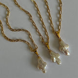 Baroque Pearl Cross Pendant Necklace Cuban Link Chain Vintage Jewelry