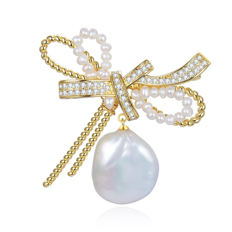 Baroque Pearl Bow Zircon Brooch Collar Pin Dress Accessories