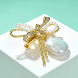 Baroque Pearl Bow Zircon Brooch Collar Pin Dress Accessories