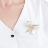 Baroque Pearl Bow Zircon Brooch Collar Pin Dress Accessories