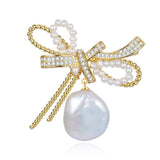 Baroque Pearl Bow Zircon Brooch Collar Pin Dress Accessories