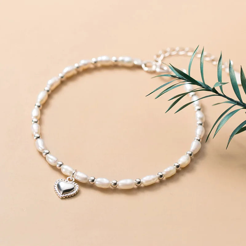 Baroque Pearl Love Heart Pendant Charms Bracelet 925 Sterling Silver Jewelry