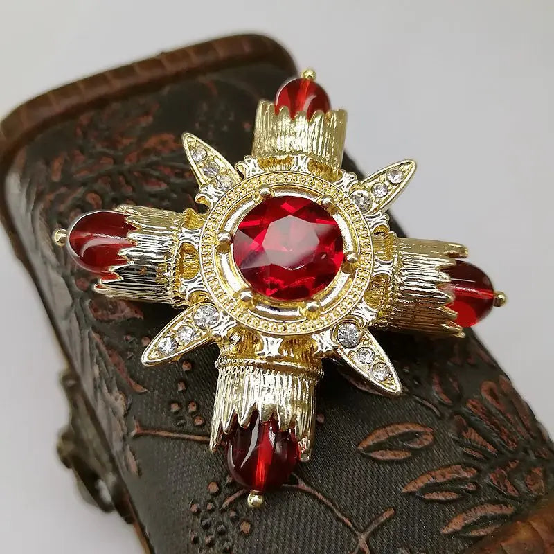 Baroque Red Rhinestone Cross Brooch Pin Vintage Jewelry