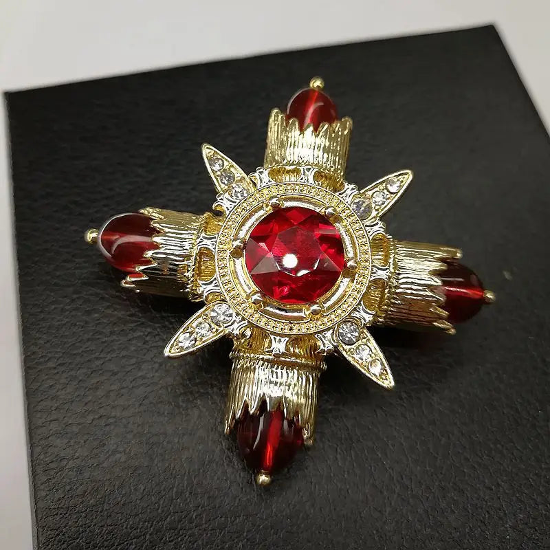 Baroque Red Rhinestone Cross Brooch Pin Vintage Jewelry