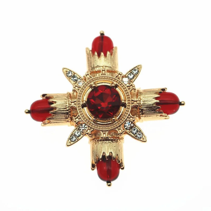 Baroque Red Rhinestone Cross Brooch Pin Vintage Jewelry