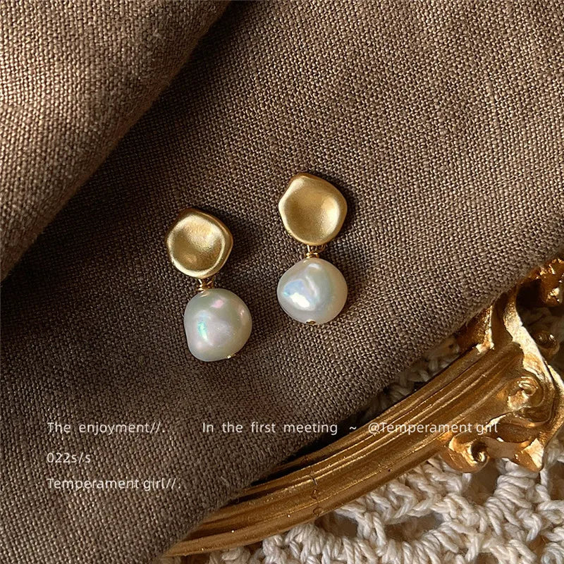 Baroque Freshwater Pearl Stud Earrings Retro Copper Plated 14k Jewelry
