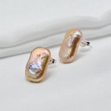 Baroque Pearl Silver Stud Earrings Rectangle Pink Women Wedding Jewelry