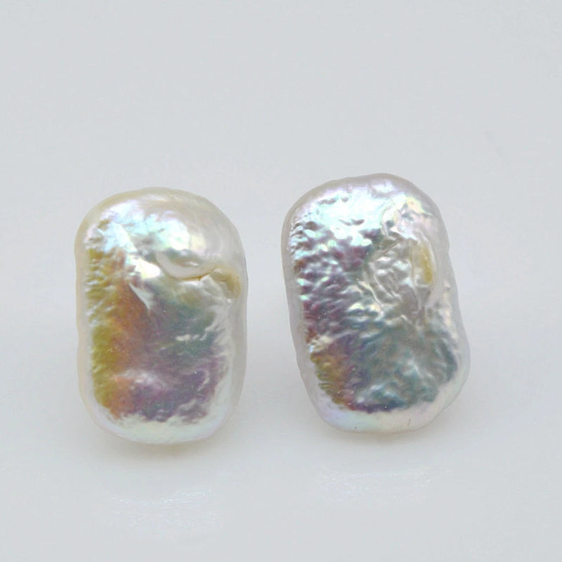 Baroque Pearl Silver Stud Earrings Rectangle Pink Women Wedding Jewelry