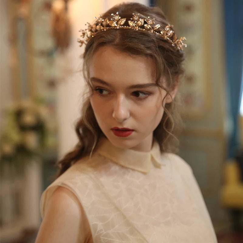 Baroque Leaf Bridal Tiara Crown Rhinestone Wedding Hair Piece