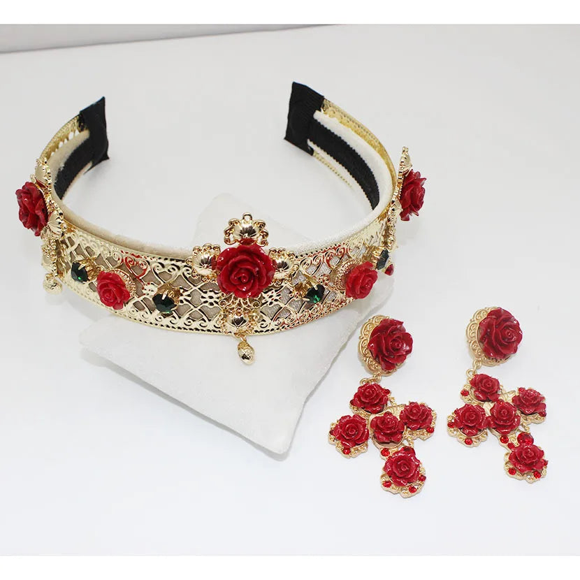 Baroque Headband Crown with Vintage Red Cross Wind Flower Tiara