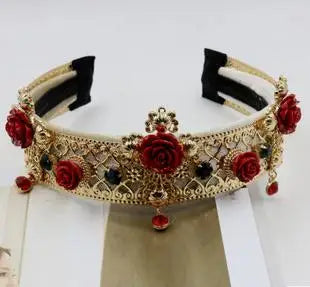 Baroque Headband Crown with Vintage Red Cross Wind Flower Tiara