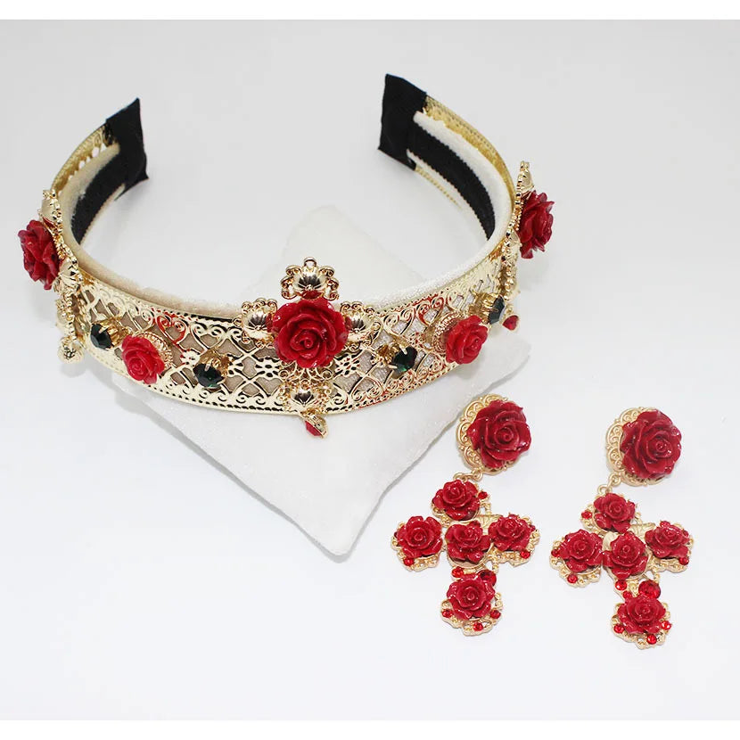 Baroque Headband Crown with Vintage Red Cross Wind Flower Tiara