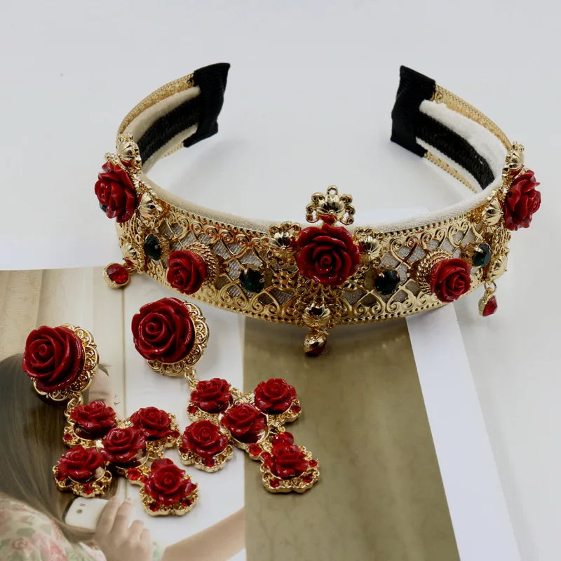Baroque Headband Crown with Vintage Red Cross Wind Flower Tiara