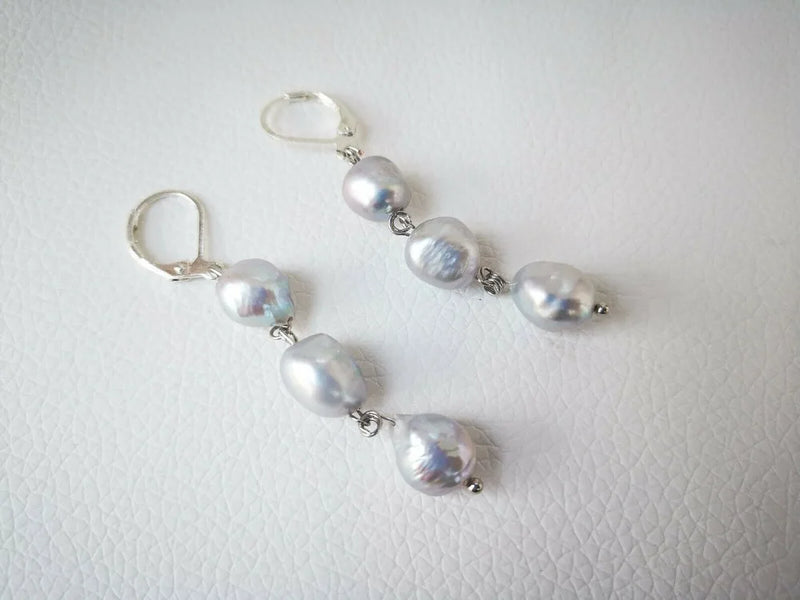 Baroque Natural Pearl Earrings Gray 9-10MM 925 Sterling Silver