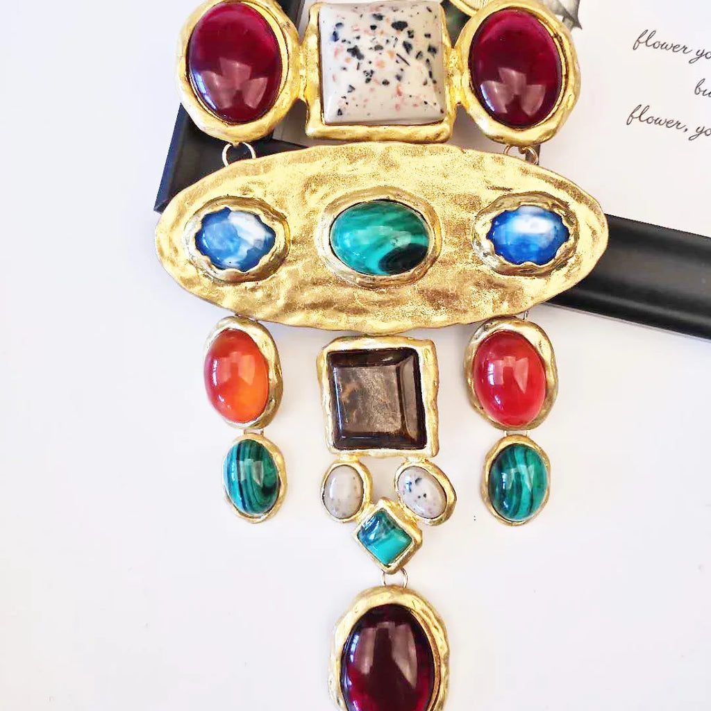 Baroque Geometric Metal Stone Long Necklace Retro Court Sweater Chain