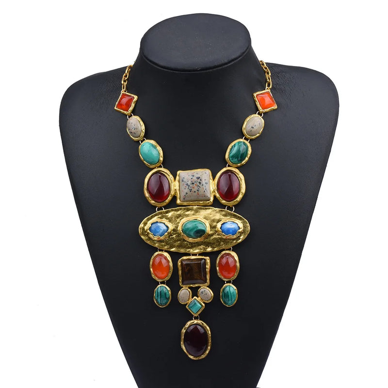 Baroque Geometric Metal Stone Long Necklace Retro Court Sweater Chain
