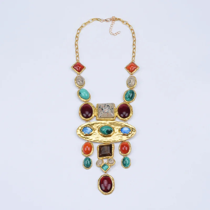 Baroque Geometric Metal Stone Long Necklace Retro Court Sweater Chain