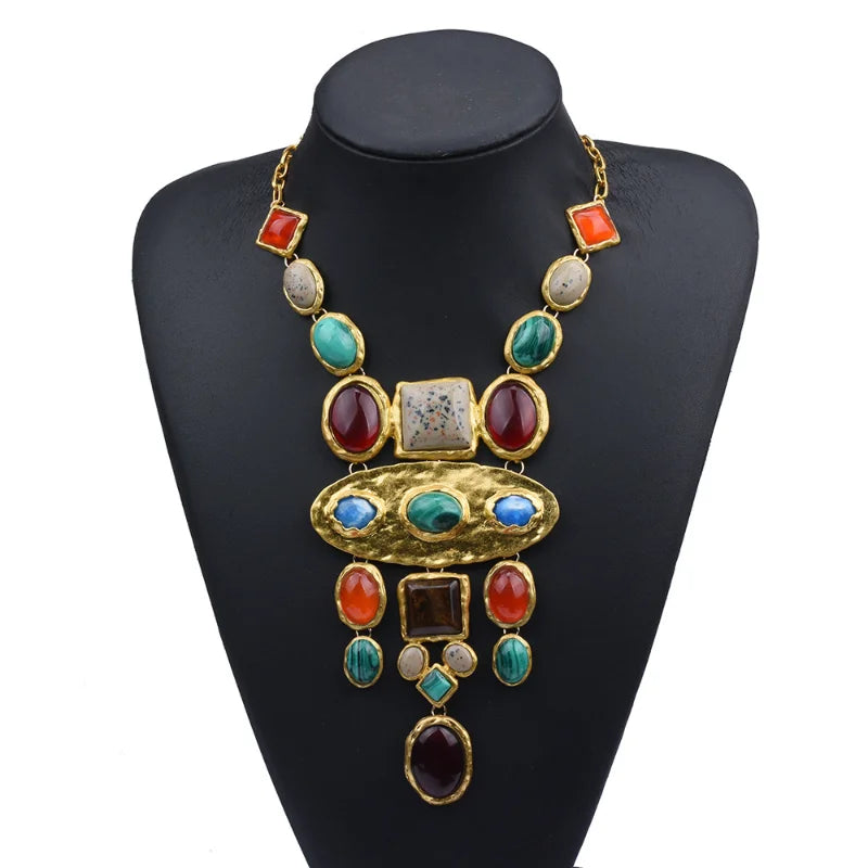 Baroque Geometric Metal Stone Long Necklace Retro Court Sweater Chain