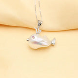 Fish Shape Pendant Pearl Necklace 925 Sterling Silver for Women