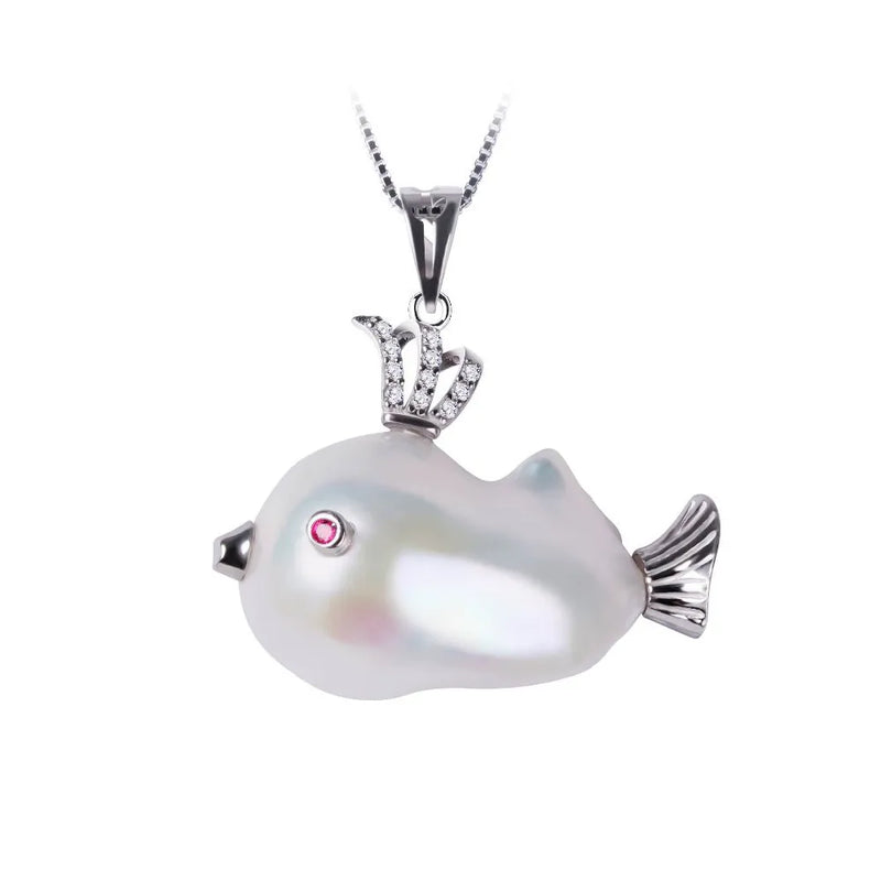 Fish Shape Pendant Pearl Necklace 925 Sterling Silver for Women