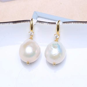 925 Sterling Silver Irregular Pearl Drop Earrings with Zircon Inlay