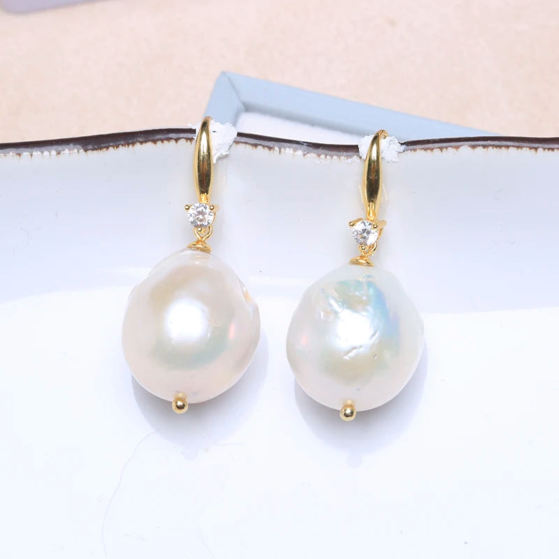 925 Sterling Silver Irregular Pearl Drop Earrings with Zircon Inlay