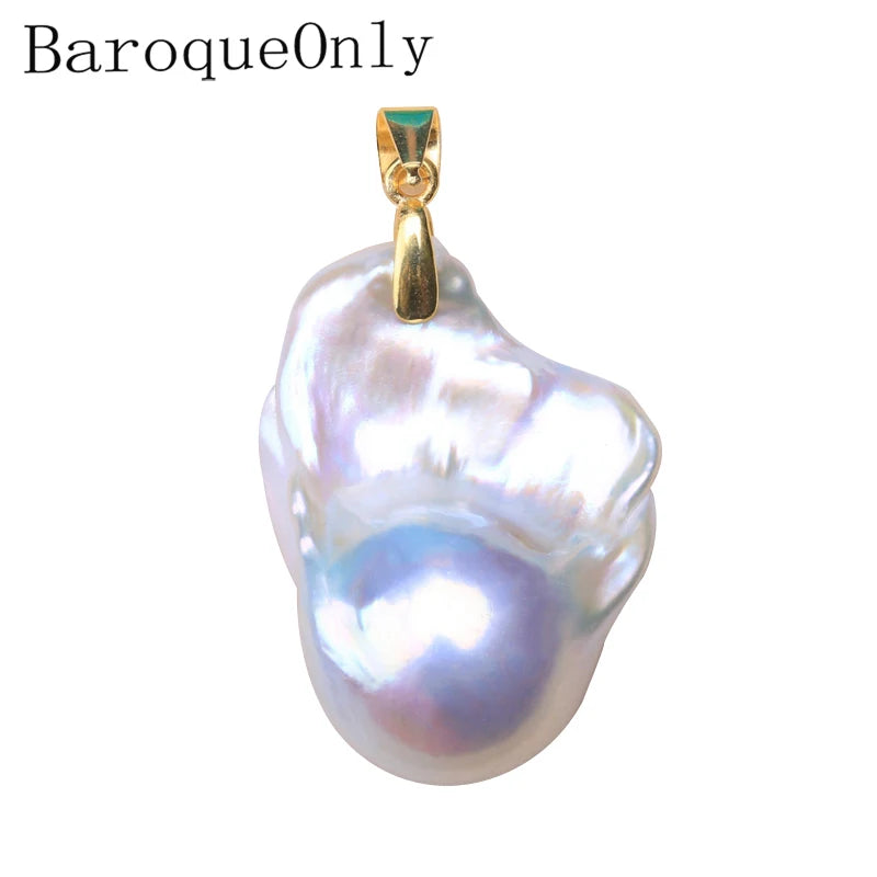925 Silver Sterling Natural Baroque Pearl Pendant Necklace Retro Clasp PZN