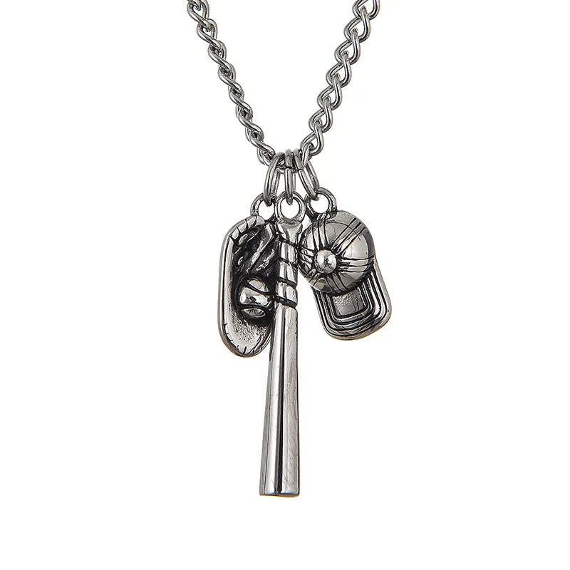 Baseball Glove & Bat Necklace Boys Titanium Stainless Steel Softball Pendant
