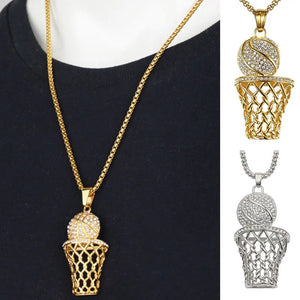 Basketball Hoop Necklace Men Zircon Gold+Silver Pendant Long Chain Necklace