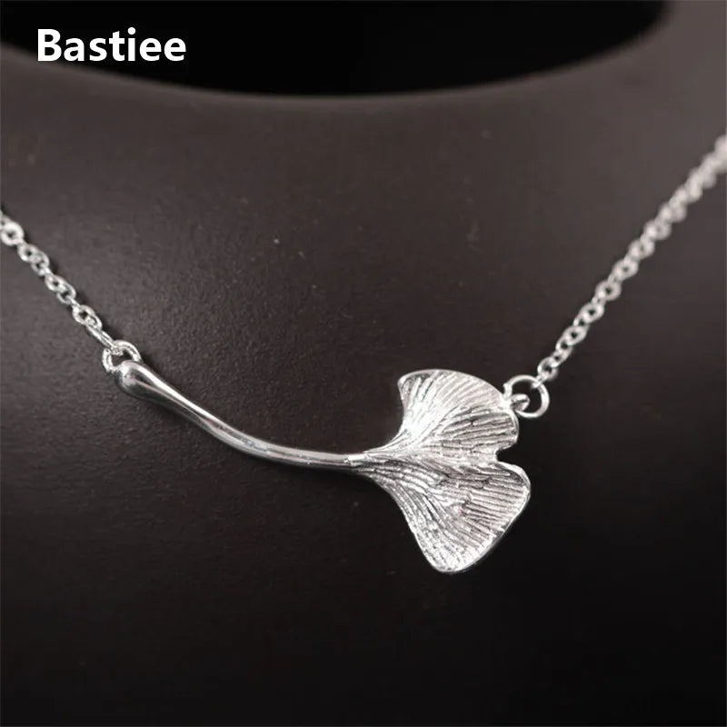 925 Sterling Silver Necklace Pendant Gingko Leaf Vintage Jewelry For Women
