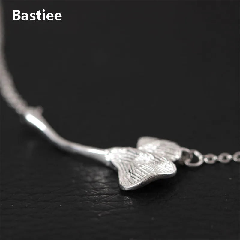 925 Sterling Silver Necklace Pendant Gingko Leaf Vintage Jewelry For Women