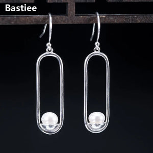 Geometric Drop Pearl Earrings 925 Sterling Silver Dangle Earring