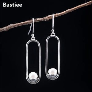 Geometric Drop Pearl Earrings 925 Sterling Silver Dangle Earring