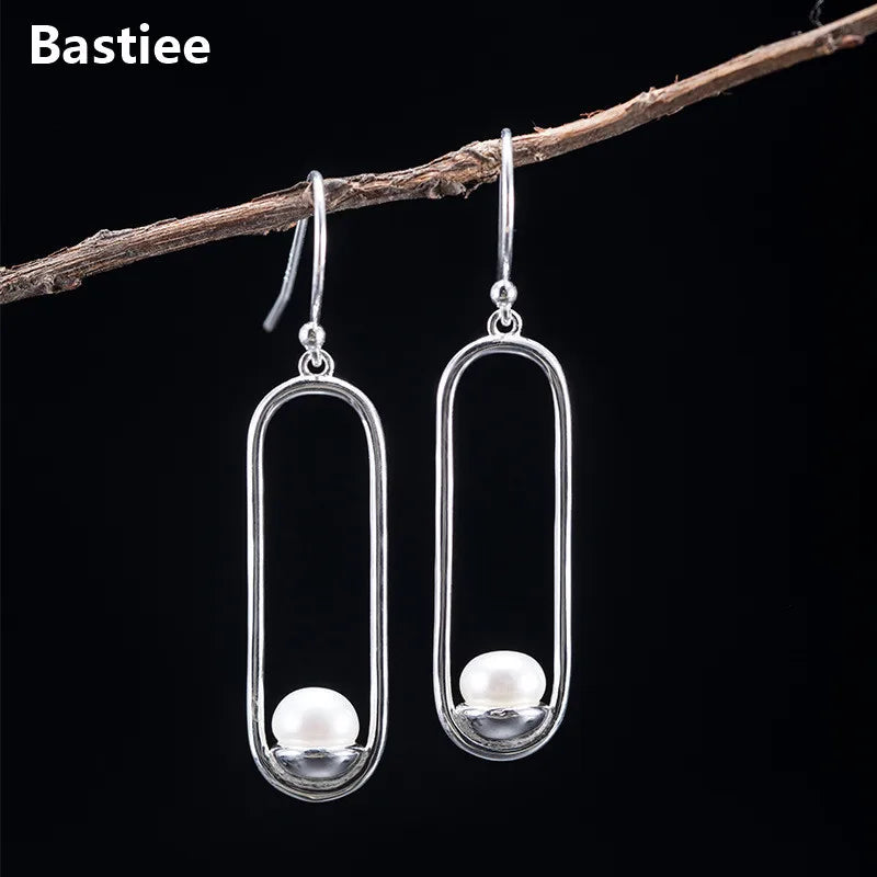 Geometric Drop Pearl Earrings 925 Sterling Silver Dangle Earring