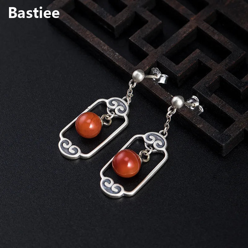 Vintage Red Agate Pearl Earrings Antique Chinese Style Geometry