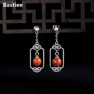 Vintage Red Agate Pearl Earrings Antique Chinese Style Geometry