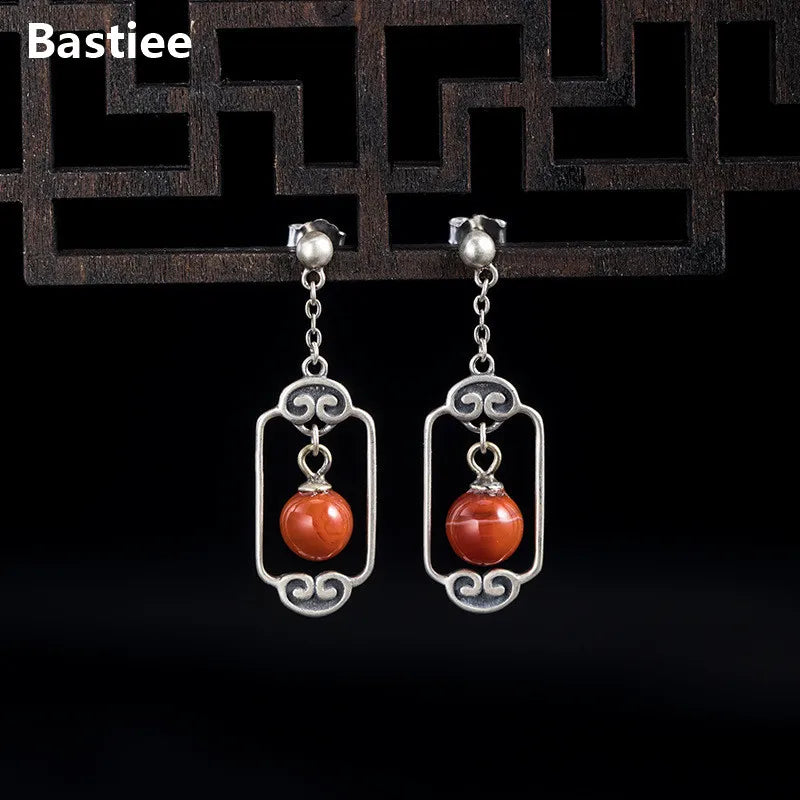 Vintage Red Agate Pearl Earrings Antique Chinese Style Geometry