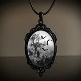 Bat Cemetery Glass Pendant Necklace Halloween Gothic Choker